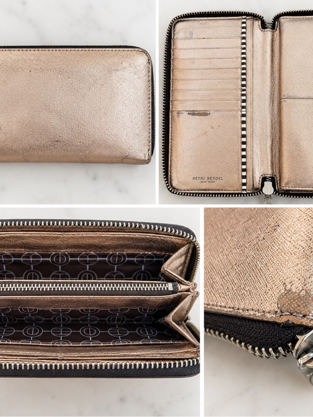 Henri Bendel Metallic Rose Gold Zip Around Wallet – Saffiano Leather